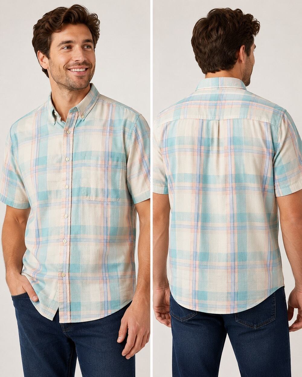 Peter England Mens Medium Plaid Button Shirt Blue Peach Short Sleeve Casual